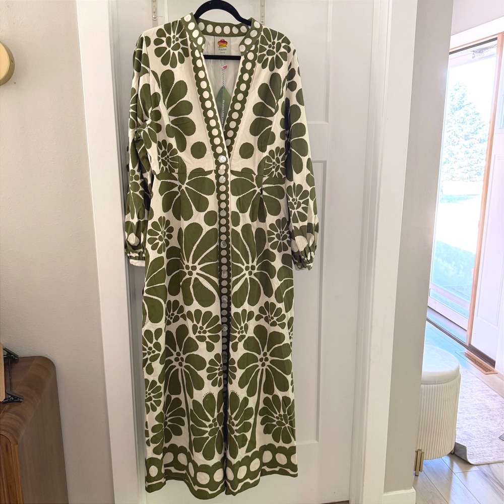 Farm Rio Green Palermo Buttoned Puff Sleeve Maxi Dress L Floral Olive NWT* Boho